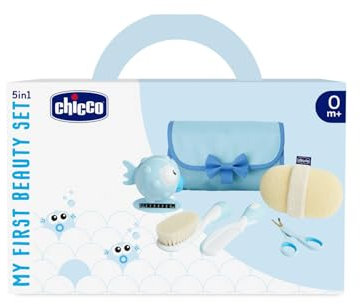 Chicco Set Bagnetto per Bambini, Idea Regalo, Idea Regalo Nascita, con Pettine, Spazzola Morbida, Termometro, Guanto Da Bagno In Spugna E Un Paio Di Forbici, Igiene Neonato, Prodotti Bagnetto, Azzurro
