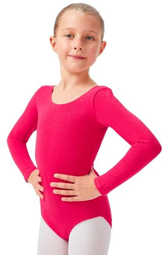 tanzmuster ® Ballettanzug Mädchen Langarm - Lilly - aus Baumwolle, Ballettbody Kinder Ballett Trikot in pink, Größe 140/146