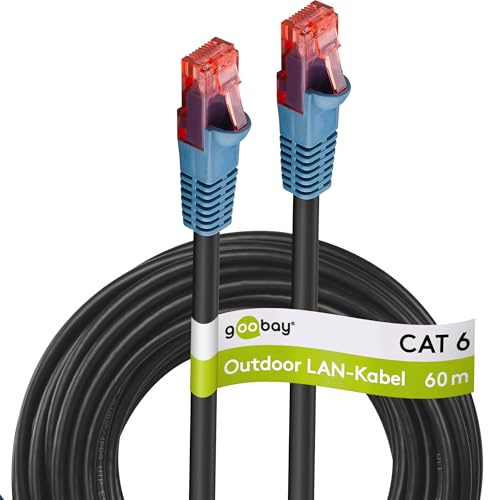 goobay 94396 Outdoor Patchkabel CAT 6 Kabel / 2fach PE Mantel Wasserdicht / RJ45 Stecker Ethernet Kabel / Außenbereich Netzwerkkabel 60m / Schwarz / LAN Kabel 60m