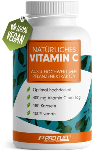 Natürliches VITAMIN C - 180 Kapseln - mit 400 mg Vitamin C aus Amla, Acerola, Camu-Camu & Hagebutten pro Tag - Vitamin C Komplex - 100% vegan - laborgeprüft mit Zertifikat - Vorrat für 3 Monate