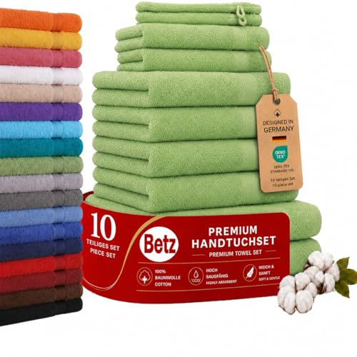 Betz Premium Handtuch-Set mit 10 Teilen – 100% Baumwolle, 4 Handtücher 50 x 100 cm, 2 große Duschtücher 70x140 cm, 2 Gästetücher 30 x 50 cm, 2 Waschhandschuhe, apfelgrün