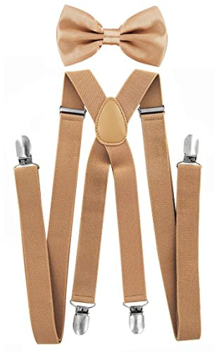axy Hochwertige Herren Hosenträger mit Fliege - 4 Starken Clips X-Form (Beige (Hosenträger Breit 2,5cm))