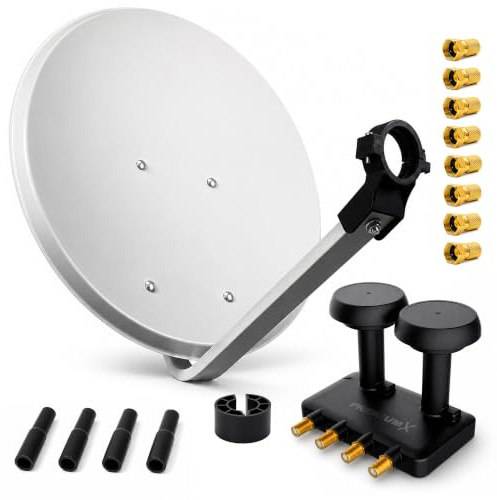 PremiumX Satelliten-Komplettanlage 80cm Satellitenschüssel Quad Monoblock LNB Astra Hotbird 2 SAT für 4 Teilnehmer