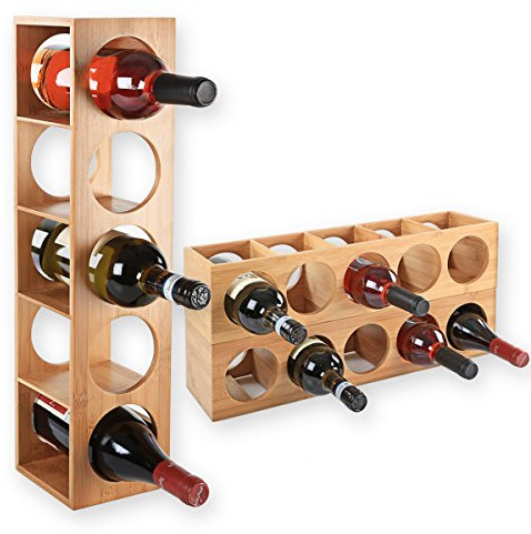 Gräfenstayn® Weinregal Cube - stapelbar aus Bambus-Holz für 5 Wein-Flaschen zum Stellen, Legen, Wand-Montage, erweiterbar, Größe 13,5x12x53 cm (LxBxH) Weinflaschenhalter Weinkiste Flaschenregal