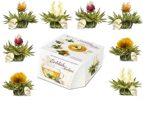 Variación de flores de té “Té Floreciente Teelini” de Creano, en un exclusivo formato para tazas / 8 flores de té en 4 variaciones diferentes (té blanco)