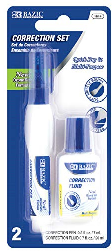 BAZIC Metal Tip Correction Pen & Correction Fluid (2/Pack)