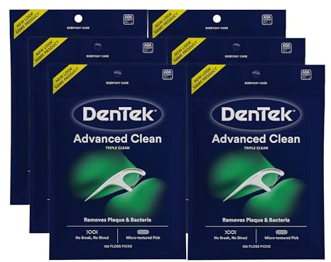 DenTek Advanced Clean Floss Picks with No Break & No Shred Dental Floss, Plaque Remover, 150 Count, Pack of 6