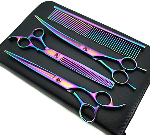 Kingstar A563 Professionelles Fellpflegescheren-Set, Titatiumbeschichtet, gerade und gebogene Schere, mit Kamm, Hundepflege, 20,3 cm