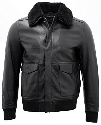 Infinity Herren A2 Schwarz Schaf Nappa Leder Bomberjacke mit Abnehmbarer Schaffellkragen M