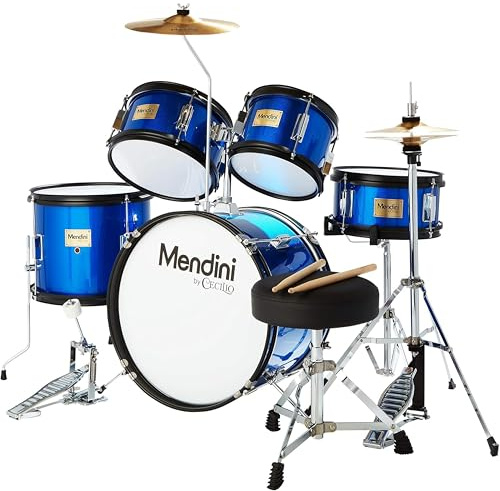 Mendini by Cecilio Drum Set, 5 Piece 16 Inch Junior Drums Kit with Bass, Toms, Snare Drum, Cymbal, Hi-Hat, Drumsticks & Seat for Beginner (Metallic Blue)