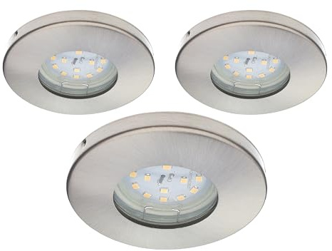 Trango 3er Set IP44 Einbaustrahler 6729IP-032-5WAK Edelstahl gebürstet inkl. 3x 5 Watt GU10 LED Leuchtmittel 3000K warmweiß & Fassung für Bad, Außen, Dusche Einbauleuchte, Badleuchte, Deckenstrahler