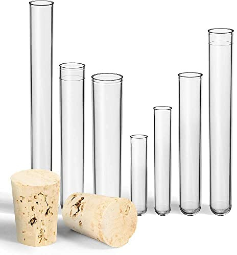 Tuuters Kunststoff Reagenzgläser mit Natur-Korken, 25 Stück (55 x Ø12mm) | Reagenzglas zum Befüllen: Röhrchen 5,5cm hoch, Ø 1,2cm, ca. 5ml, Verschluss, Tischdeko, Mini Vase, für Geschenke zur Taufe
