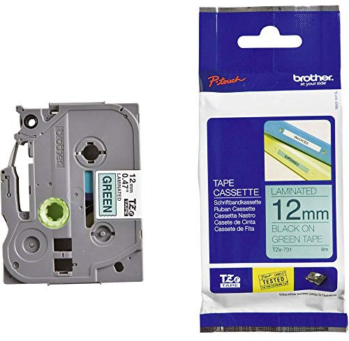 Brother Original P-touch Schriftband TZe-731 12 mm, schwarz auf grün (kompatibel u.a. mit Brother P-touch PT-H100LB/R, -H105, -E100/VP, -D200/BW/VP, -D210/VP)