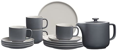 Ritzenhoff & Breker Service à café Jasper avec théière Gris assiette Ø 19 cm/tasses 240 ml/soucoupes Ø 15 cm/pichet 1,4 l pour 4 personnes en faïence