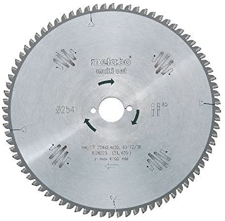 Metabo Sägeblatt multi cut - professional, 250x2,8/2,0x30, Z80 FZ/TZ, 5° neg. (628088000) Durchmesser x Schnittbreite x Bohrung: 250 x 2.8 x 30 mm, Material: HW/CT, Zähnezahl: 80
