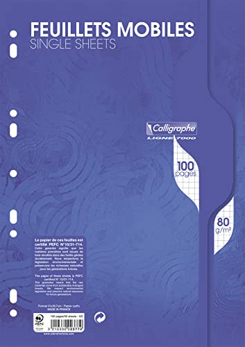 Calligraphe 2377C Un Paquet de Feuillets Mobiles Perforés sous Film (une Marque de Clairefontaine) - A4 21x29,7 cm - 100 Pages Petits Carreaux - Papier 80 g