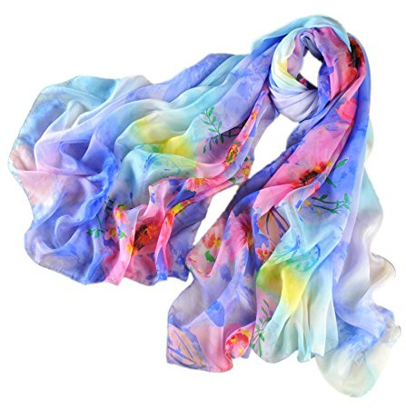Prettystern Oversize XXL dam färgglad chiffong sidenhalsduk pareo strandhandduk, blå, 200cm X 135cm