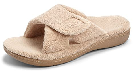 Vionic Women's Indulge Relax Slippers | Orthotic Arch Support | VIO MOTION Technology Open Toe Slide Slippers for Plantar Fasciitis & Heel Pain Relief | Cushioned Flat Mule House Shoes in Tan | UK 8