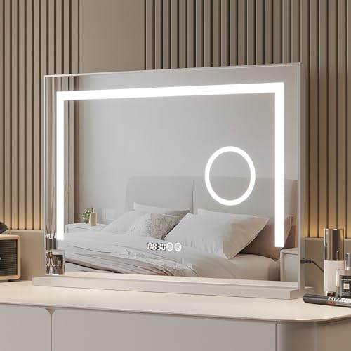 AQUABATOS Hollywood Spiegel mit Licht 70 x 50 cm Schminkspiegel mit Beleuchtung vergrößerung beleuchtet LED Kosmetikspiegel Tischspiegel Touch Schalter 3 Lichtfarben dimmbar Uhr Aluminiumrahmen