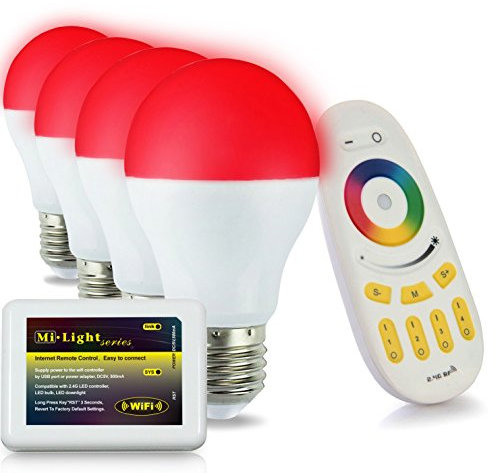 lighteu®, 4x WLAN LED Lampe original MILIGHT Color RGB- Warm Weiß, 6 Watt, E27, dimmbar, mit 4 zone Fernbedienung, Farbwechsel Glühbirne, inkl. Wlan Controller steuerbar über IPhone/Android App