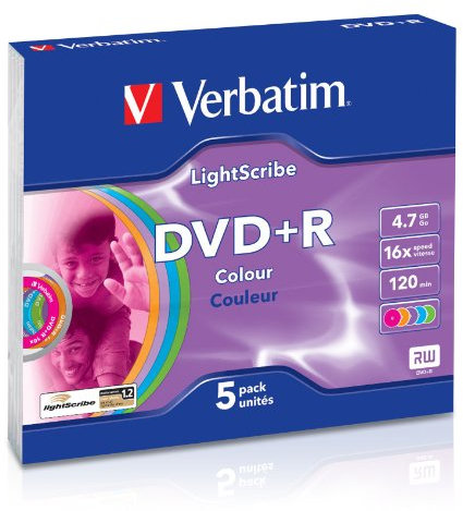 Verbatim DVD+R 4.7Gb, 16x, Lightscribe, Pack 5, Colour, 43658, recordable, blank