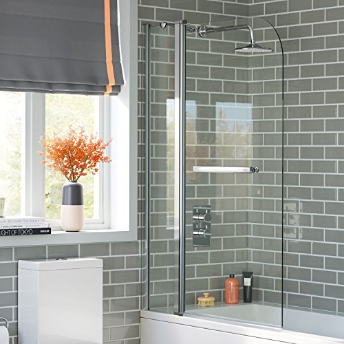 iBathUK Bath Screen Shower Screen for Bath 180 Degree Pivot 6mm Tempered Glass Shelf Door Panel with Rounded Corners Handrail - 1000mm