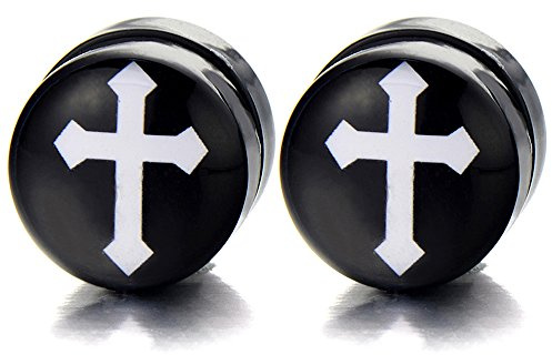 10MM Magnetic Black Circle Cross Stud Earrings for Men Women, Non-Piercing Clip On Fake Ear Plugs Gauges