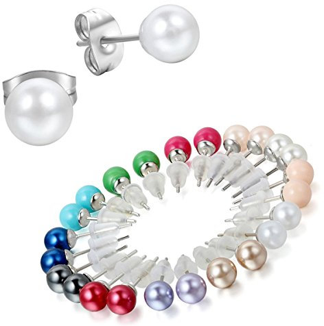 Aroncent 12 Paare Damen Frauen Ohrringe, 6mm Edelstahl Imitation Perlen Gestüt Ohrstecker mit 12 verschiedenen Farben