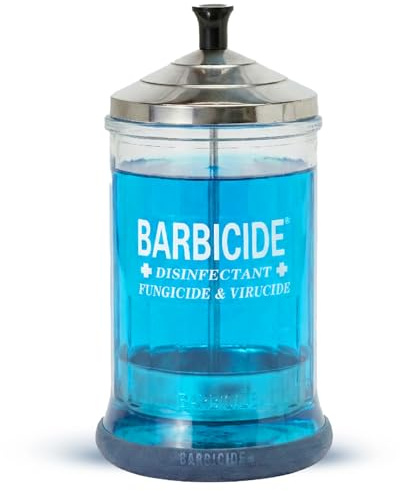 BARBICIDE Disinfectant Jar – Durable Glass Immersion Container with Stainless Steel Lid and Tray – Professional Tool Sanitizer for Combs, Brushes, Nail Tools & Implements - (MidSize - 21 Fl Oz)