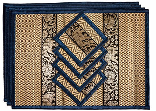 Juego de Manteles Individuales y Posavasos de Caña de Mimbre Tejido a Mano - Ideal para Comer, Entretenimiento y Decoración del Hogar - Resistente al Calor, Fácil de Limpiar (Mediano Azul Marino)
