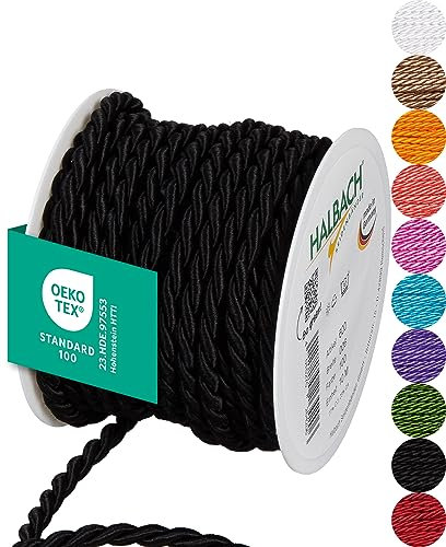Halbach Seidenbänder Cordoncino di alta qualità (nero) | larghezza 6 mm lunghezza 10 m | Made in Germany e certificato Öko-Tex | cordoncino in raso lucido in acetato
