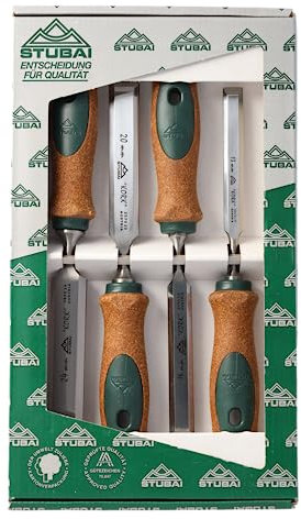 Stemmeisensatz Korkheft, 4-teiliges Set (13,16,20,24mm) Stemmeisen mit rutschfestem Korkgriff aus nachhaltiger Herstellung, Stubai Stechbeitel zur präzisen Holzbearbeitung, Spezial Stecheisen