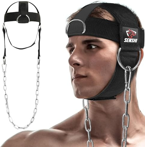 Senshi Japan Arnés para el cuello, cinturón de cabeza de ajuste universal, trampas fortalecedor para cuellos más anchos y fuertes con cadena, gancho en D para máquinas de cable y placas de disco de