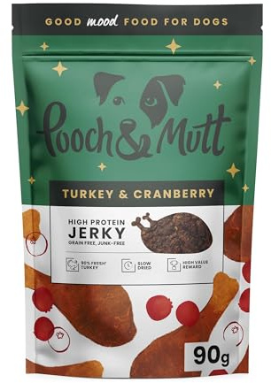 Pooch & Mutt - Grain Free Christmas Jerky Training Treats, Dog Treat Suitable for All Ages, Turkey & Cranberry Jerky Pack of 1x90g