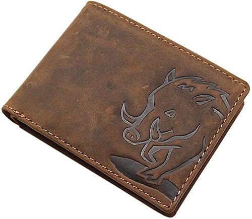 myledershop Pelle die bufalo portafoglio con cinghiale motivo in formato orizzontale con blocco RFID & NFC in marrone (Modello 2 / Formato orizzontale)