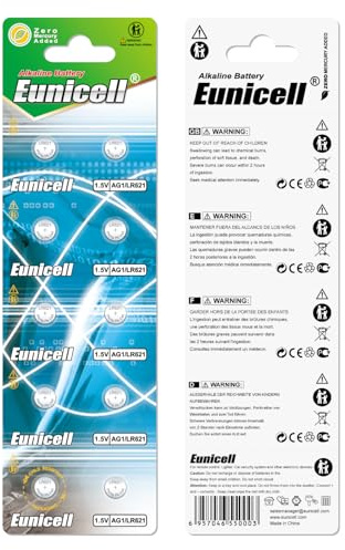 Eunicell Lot de 10 Piles Bouton AG0 Type LR63 LR521 SR521W 379