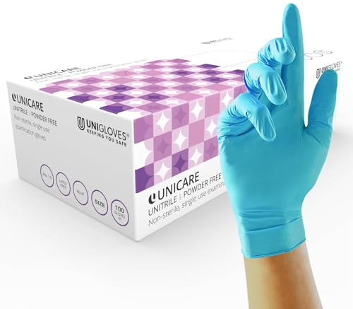 Unigloves Unitrile GS0053 Medical Grade Examination Gloves - Powder and Latex Free Disposable Gloves, Box of 100 Gloves, Blue, Medium