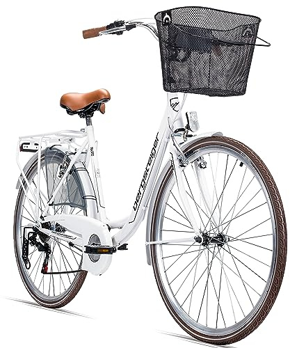 Bergsteiger Paris 26/28 Zoll Citybike Damen Fahrrad Retro 6 Gang | Mit V-Bremsen, StVZO-Beleuchtung, Korb, Fahrradständer und Klingel, ideal ab 160 cm für Stadt und Land.