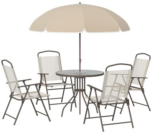 Outsunny 6 pz Set Mobili da Giardino in Tubi d'Acciaio, Tavolo da Giardino con Sedie e Ombrellone, Crema
