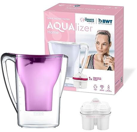 BWT - Jarra filtradora de agua 2,7L + 1 Filtro con magnesio - Modelo Aqualizer Violeta contador manual para un mes - Reduce cloro, cal e impurezas