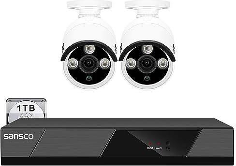 SANSCO POE CCTV Security Camera System with 1TB Hard Drive, 4K 8CH H.265 NVR, 2x 4MP Outdoor IP Cameras, Built-in Mic, AI Human Face Detection, Night Vision, Remote Access-White Cam