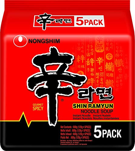 Fideos instantáneos Nong Shim Shin Ramyun, sopa de ramen caliente coreano - Preparación rápida - Paquete múltiple 120G x 5 x 8 (4.8kg)