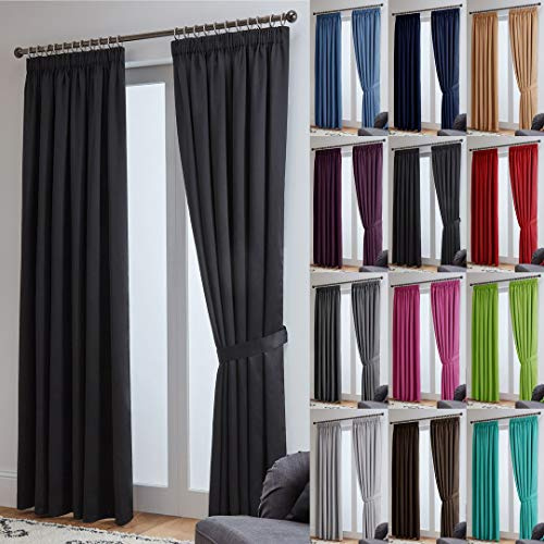 John Aird Blackout Curtains Pencil Pleat with Tie Backs (Black, W 46 x L 90 (2 Panels) Thermal Energy Saving Curtains for Bedroom & Living Room