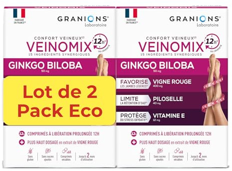 Drainant Jambes Lourdes - Circulation Sanguine - Veinomix Fort - Lot x2 | Favorise La Sensation De Jambes Légères, Limite La Retention D'Eau, Piloselle Vigne Rouge, Granions, Marque Francaise