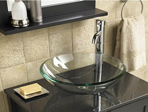 HOME SUPPLIES – Modern Tempered Clear Glass Round Vessel Sink Bowl Bathroom, Cloakroom Basin Sink for Countertop, Vanity Cabinet and Hotel Lavatory | 42x14x42cm (WxHxL)