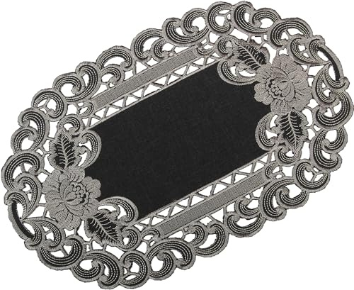 Grau Platzset Tischläufer Tisch-Deckchen Leinen-Optik Blumen Stickerei Set (ca. 30x45 cm Oval)