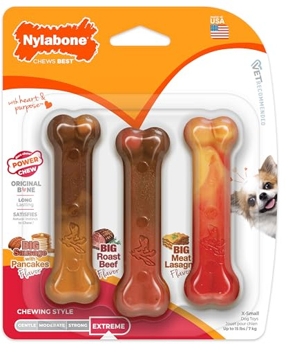 Nylabone Original Bone Power Chew Toy for Dogs, Durable Dog Toys for Aggressive Chewers, Flavor Frenzy Pancakes & Sausage, Roast Beef, & Lasagna, X-Small - Up to 15 lbs, 3 Pack