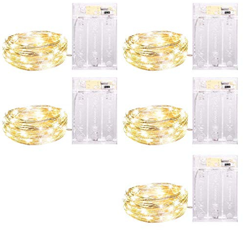 5 Pack Fairy Lights Battery Operated, 7 Feet 20 Led String Lights with Timer, Waterproof Firefly Lights on Silver Wire for Home Party Wedding Christmas Decorations, 6 Hours on/18 Hours Off, Warm White