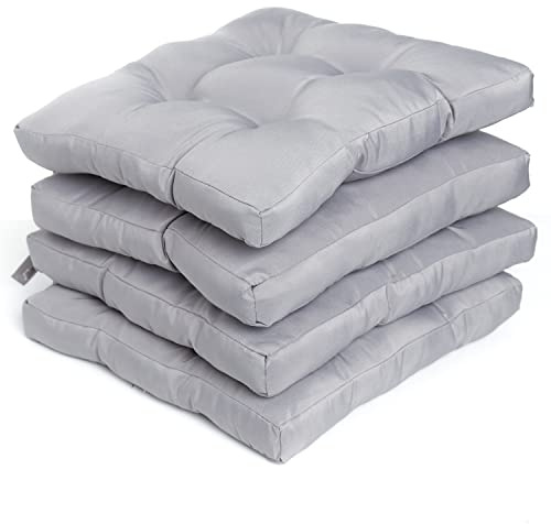 Rohi Pack of 4 Luxury Chair Pads with Ties – Water Resistant Garden Seat Pads for Dining Chairs – 5cm Thickness Quilted Design Chair Cushions – 38x38x5cm (Grey)