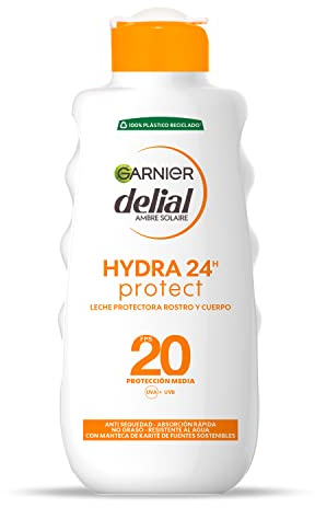 Garnier Delial Hydra 24h Protect Leche Protectora Antimanchas con [Vitamina C]. Protección Media FPS 20. Absorción rápida y muy resistente al agua. 175 ml